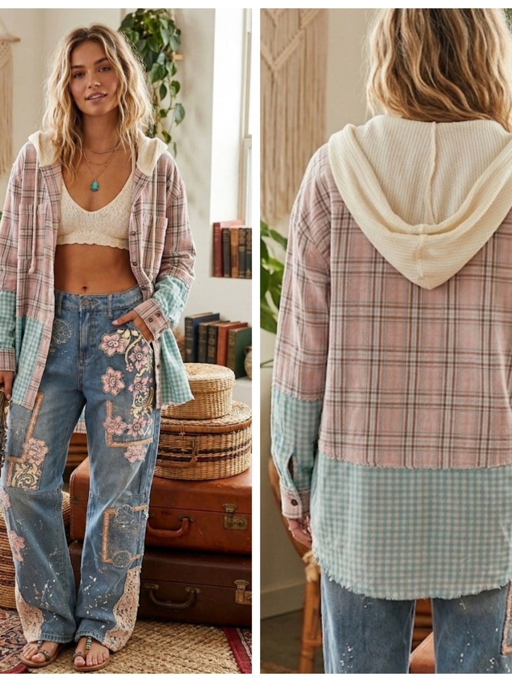 Mystree Pink Plaid Contrast Removable Hooded Button-Down Shirt